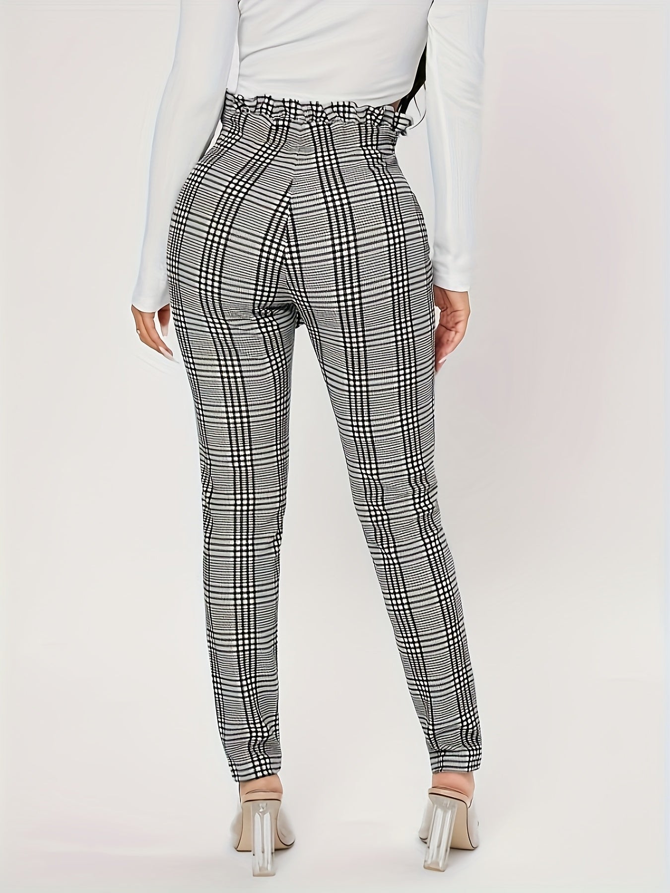 Women's Vintage-Inspired Stretch Slim Pants - Black & White Plaid, High-Waisted with Tie Belt, Polyester, Machine Washable - Perfect for Spring/Fall